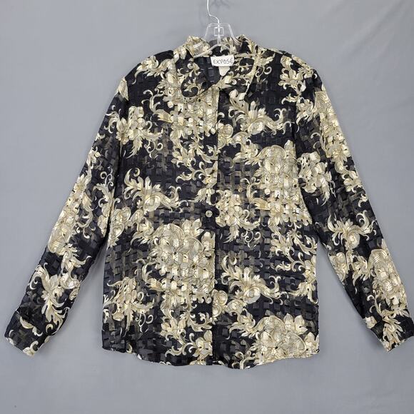 Expose Black Gold Shirt Preppy Floral Long Sleeves Button Up Womens Size L Top - Picture 2 of 10